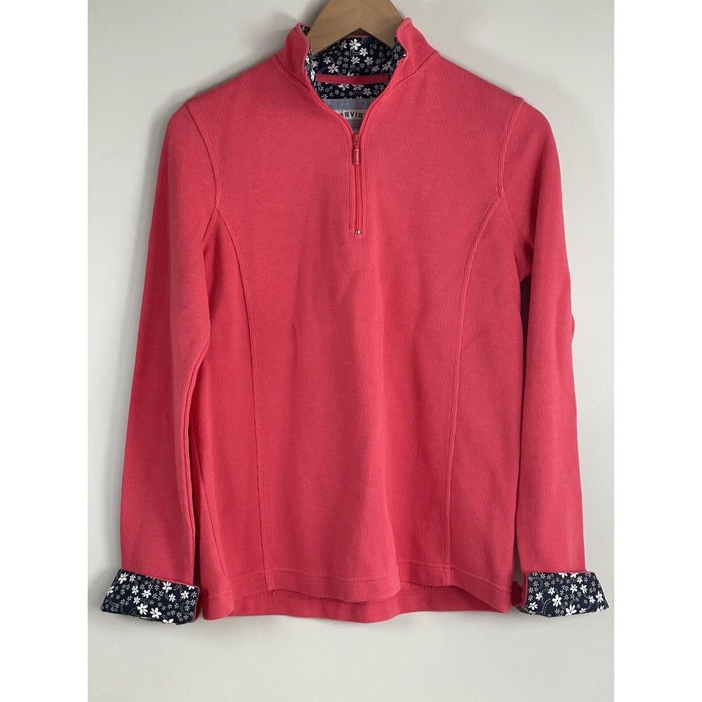 ORVIS Womens Medium Pink 1/4 Zip Sweater Ribbed Knit Floral Flip Trim Sweatshirt